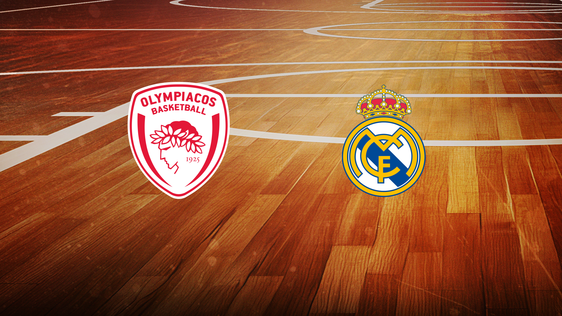 Werbegrafik mit den Logos von Olympiakos und Real Madrid